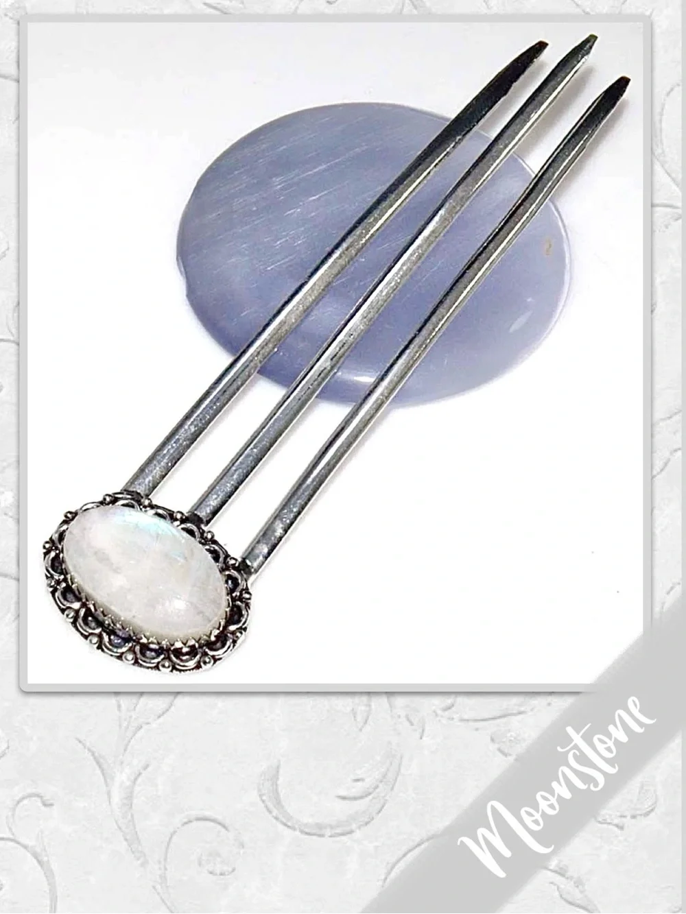 Rainbow Moonstone Large Eclectic Silver Artisan Hair Pin, 4.5” Blue-Violet flash